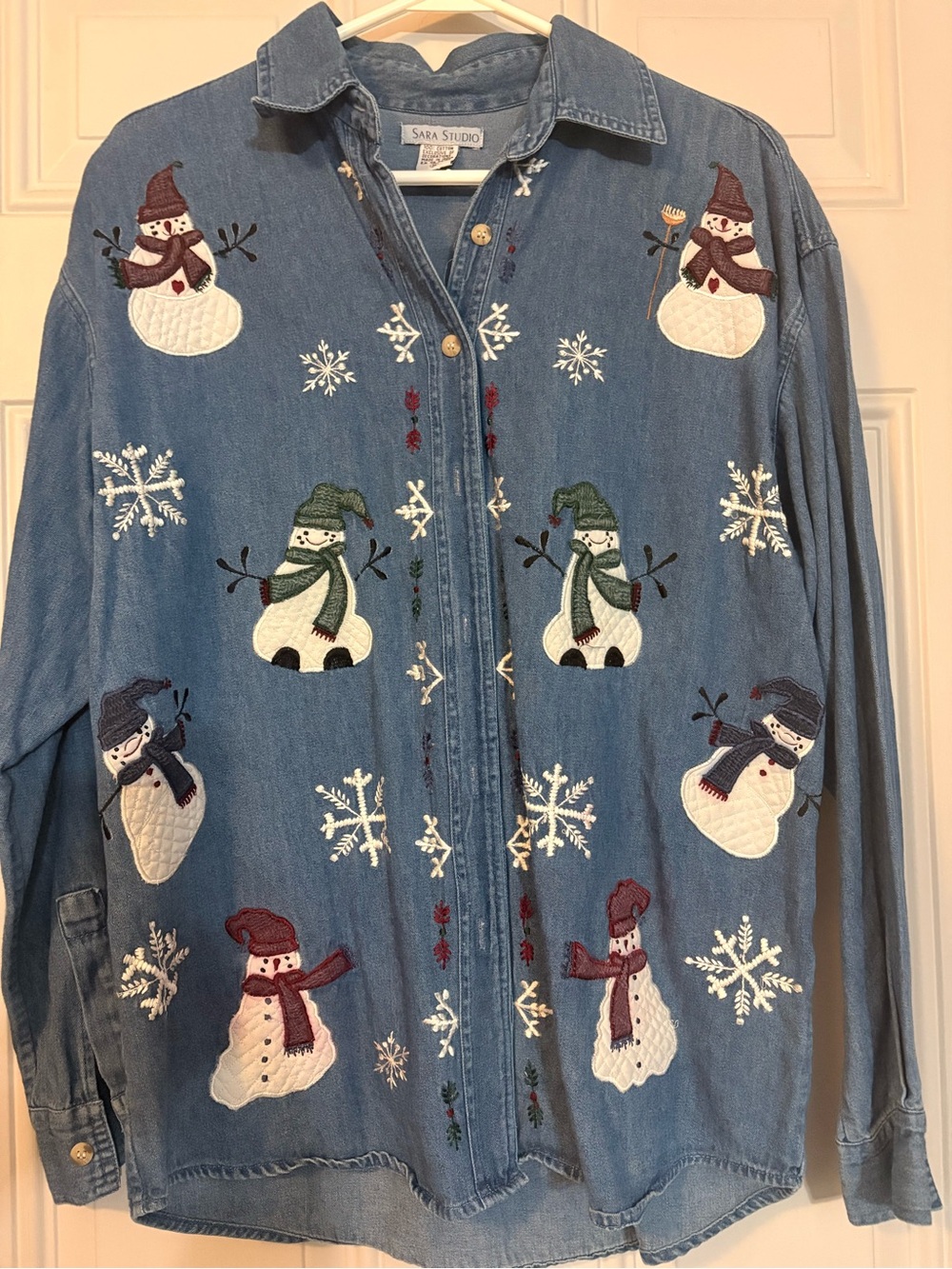 Sara Studio Women's Blue Denim Button-Down Shirt with Snowman Embroidery